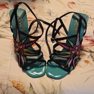 Elegant Black and Teal Strappy Heels